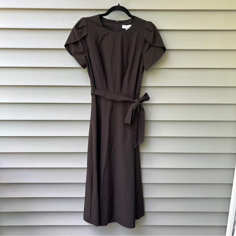 Calvin Klein Tulip Sleeve Fit & Flare Midi Dress Black Women’s 4 Belted Waist - Picture 2 of 16